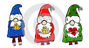 Set of cute christmas man gnomes. Collection of holidays wizards or enchanter with gifts.