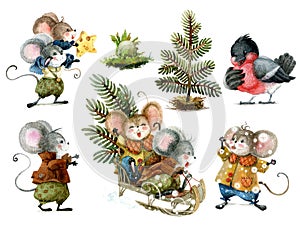 Set of cute christmas mice in cartoon style. Watercolor christmas illustration