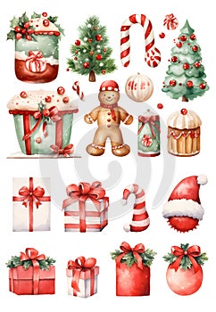 Set of cute christmas objects for celebration on white background. Watercolor illustration background, Generative AI