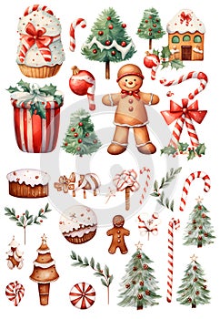 Set of cute christmas objects for celebration on white background. Watercolor illustration background, Generative AI