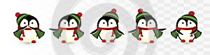 Set of cute christmas penguins. Christmas characters. Christmas helpers. Little beautiful penguins. Penguins with gift