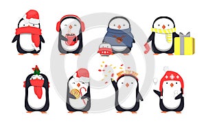 Set of cute Christmas penguins. Vector illustration