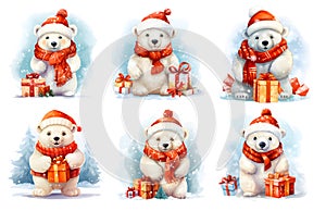 set of cute Christmas Polar Bear with Gift box, generated ai