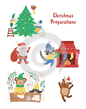 Set with cute Christmas preparation scenes. Animals decorating tree, baking cookies, hanging stockings on a fireplace. Winter