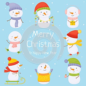 Set of cute Christmas snowmen flat vector illustrations. Winter outdoor activities for children. Cheerful snowmen in