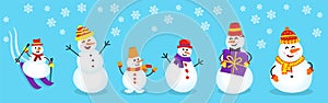 Set Cute christmas snowmen. Funny snow man wearing hat and scarf,
