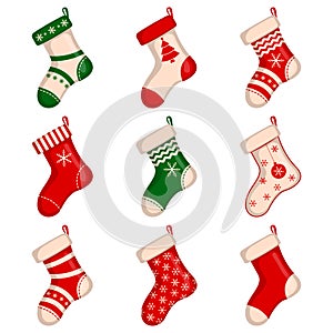 Set of cute Christmas socks isolated on white background. Vector illustration.