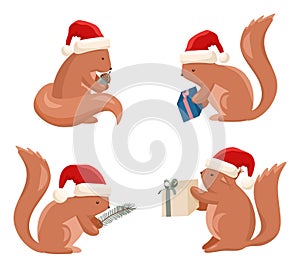 Set of cute Christmas squirrels in Santa hats