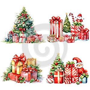 Set of cute christmas tree, gift box and elements for merry christmas celebration on white background. X\'mas party.