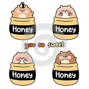 Set of cute chubby teddy bear in honey jar on white background.Wild funny