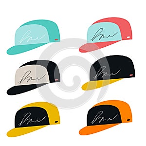 Set of cute color hand drawn baseball caps. Collection of cartoon clothes. Vector illustration