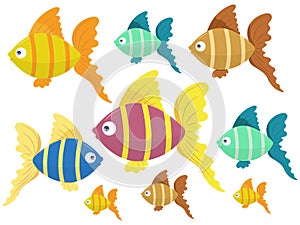 Set of Cute Colored Cartoon Fishes Vector Illustration