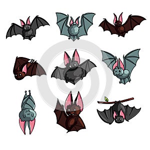 Set of cute colorful bat in different poses or flying mode