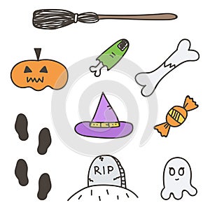 Set of cute colorful halloween doodles, hand drawn stickers on white background