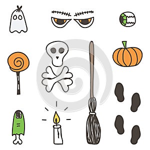 Set of cute colorful halloween doodles, hand drawn stickers on white background