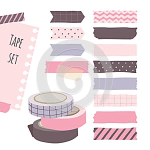 Set of cute colorful hand drawn masking tape, blank tags label stickers with patterns in pastel color as design elements for