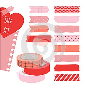 Set of cute colorful hand drawn masking tape, blank tags label stickers with patterns in red and pink colors as design