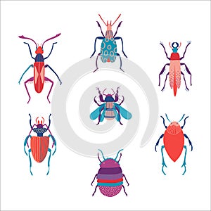 Set of cute colorful insects. Wild forest entomology insects cartoon vector Illustration