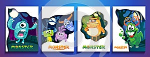 Set of cute colorful monster cards. Cartoon monsters posters for