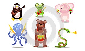 Set of cute colorful musician animals with different instruments. Vector illustration in flat cartoon style.