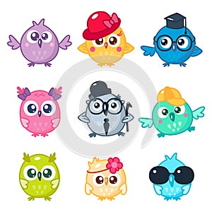 Set of cute colorful owls with different glasses and hats. Cartoon bird emojis and stickers.