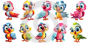 set of cute colorful Parrot Sticker on transparent Background, generated ai