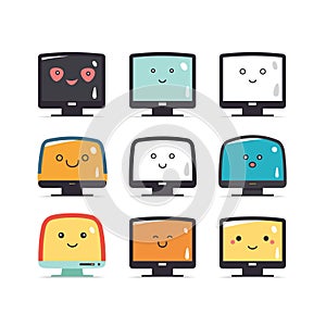 Set of cute computer monitors with smiling faces and various expressions. Colorful and cheerful digital device