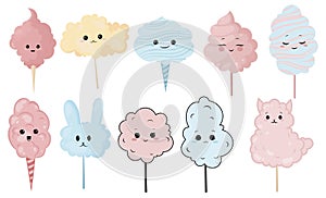 Set of cute cotton candy with a smile. Vector illustration for children.