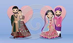 Set of Cute couple in traditional indian dress cartoon characters bride and groom.Wedding invitations card.