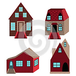 Set of cute cozy houses. Red and beige houses. Flat cartoon vector illustration.