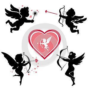 Set of cute cupid silhouettes with bow and arrows