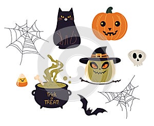 Set of cute cute cats and witch in flat style.