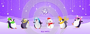 Set of cute dancing penguins in winter hats. Violet background with snowman, disco ball, snowflakes, stars and mountains. Vector