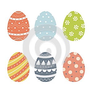 Set of cute decorated Easter eggs isolated on white background. Collection of symbols of religious holiday covered with different