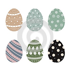 Set of cute decorated Easter eggs isolated on white background. Collection of symbols of religious holiday covered with different