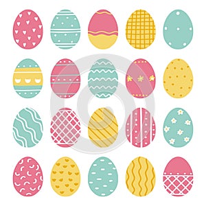 Set of cute decorated Easter eggs isolated on white background. Vector illustration in the style of hand drawn flat.