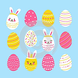 Set of cute decorated eggs - cartoon decor for happy Easter design
