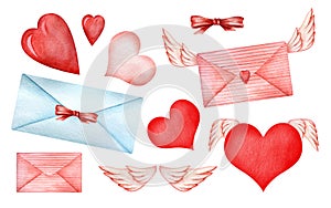 Set of cute decorative elements. Illustrations for Valentine`s Day. Envelopes, bows, hearts, angel wings. Scrapbooking