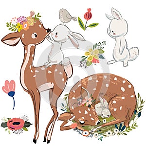 Set with cute deer and hares