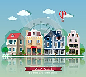 Set of cute detailed vector old city houses. European retro style building facades. photo