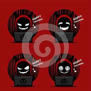 Set of cute devil character using laptop. Happy halloween. Send halloween greetings via the internet online.