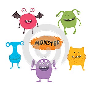 Set of cute different cartoon monsters, elements for your design, prints and banners. Monster colorful collection. Happy
