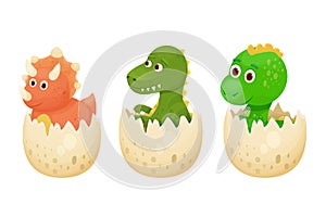 Set cute dinosaur baby in egg hatching in cartoon style isolated on white background. Animal, reptile little adorable