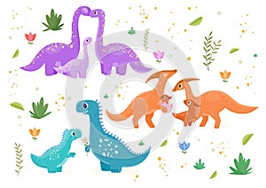 Set of cute dinosaur families