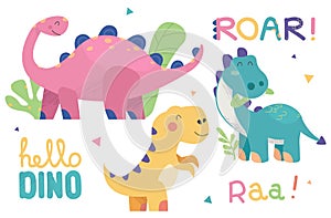 Set of cute dinosaur illustrations. Funny cartoon dino collection with tropic plants and slogans. Hand drawn vector set for kids d