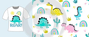 Set of cute dinosaur print and seamless pattern with dinosaurs vector