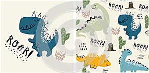 Set of cute dinosaur print and seamless pattern with dinosaurs. vector illustration