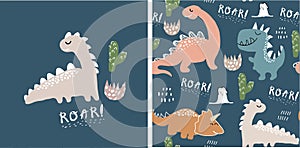 Set of cute dinosaur print and seamless pattern with dinosaurs. vector illustration