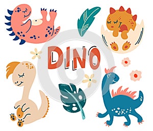 Set with cute dinosaurs. Cute baby animals. Reptile. Lizard. Dinosaur era wildlife...Kids Vector illustration in flat cartoon