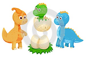 Set cute dinosaurs with dino nest and eggs in cartoon style. Jurassic monsters, smiling characters. Childish clip art.